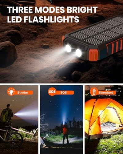 Hiluckey 27,000 m Ah Solar Power Bank with Built-in Cables – Ultra-Fast 15 W Outdoor Battery Pack for i Phone & Android – Charge 5 Devices at Once with Dual USB-A & USB-C Ports – Perfect for Camping, Travel, and Emergency Power Needs – Dual LED Flashlight for Enhanced Versatility and Safety