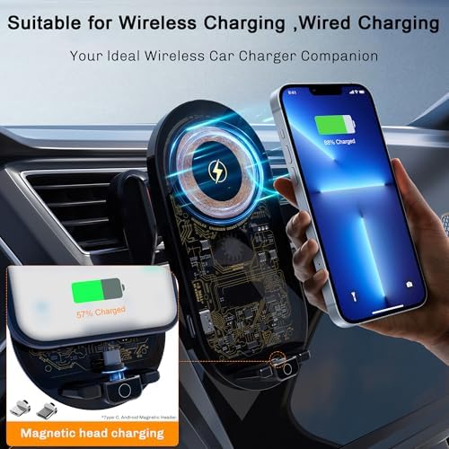 Experience Effortless Charging with the Auto-Clamping Wireless Car Charger and Phone Holder – 15 W Qi Fast Charging for i Phones and Galaxy Devices, Perfect for Navigation and Hands-Free Use – Sleek Design and Enhanced Compatibility for All Smartphones