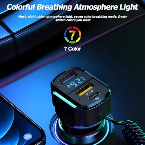 Ultimate 3-Port USB C Car Charger with PD3.0 & QC3.0 Fast Charging – LED Digital Display for Real-Time Monitoring – Coiled Cable Included – Versatile Compatibility for i Phone, Android & More – Sleek Design for Every Vehicle