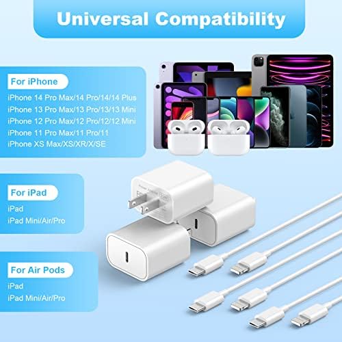 Optimize Your Charging Routine with Our 3-Pack 20 W PD USB-C Wall Fast Charger & 6 FT Type C Cables – Perfect for i Phone 14, 13, 12, & 11 Models – Rapid Power Delivery for Busy Lifestyles – Enhanced Compatibility for Pro Max & XR Devices – Compact Design for Portability – Durable Construction for Long-Lasting Use – Charge Multiple Devices Effortlessly!