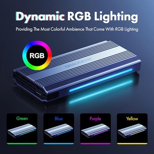 GRAUGEAR RGB M.2 SSD Enclosure – Ultra-Fast 10 Gbps USB3.2 Gen2 Tool-Free Aluminum External NVMe Drive Case for PCIe M-Key & B+M Key SSDs – Stylish High-Speed USB-C Storage Solution with Customizable Lighting for Gamers and Creators