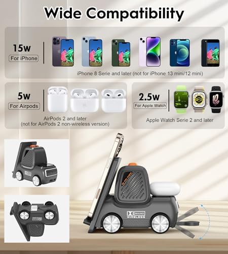 Forklift-Style 4-in-1 Wireless Charging Station with Bluetooth Speaker – Fast Charging Hub for i Phone 16/15/14/13 Pro Max, Apple Watch, Air Pods & Android Devices – Premium Sound & Compact Travel Design for Seamless Audio Streaming & Device Safety