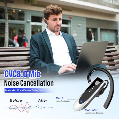 Atheewon Bluetooth Earpiece: Premium Wireless Headset with Advanced Noise-Cancellation | 20-Hour Talk Time & 180-Hour Standby for Ultimate Convenience | Perfectly Ergonomic Design in Modern Silver and White | Bluetooth 5.4 Technology for Reliable Connectivity | Ideal for Business Professionals, Truckers, and Drivers Seeking Crystal-Clear Communication