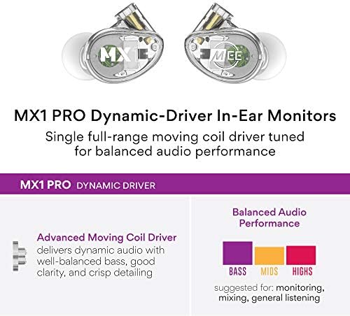 MEE audio MX1 PRO Dynamic Driver In-Ear Monitor Headphones – Professional Quality Sound Isolation Earbuds with Memory Wire Comfort, Detachable Cables, and Transparent Design for Musicians and Audiophiles – Exceptional Audio Clarity for Live Performances and Studio Sessions