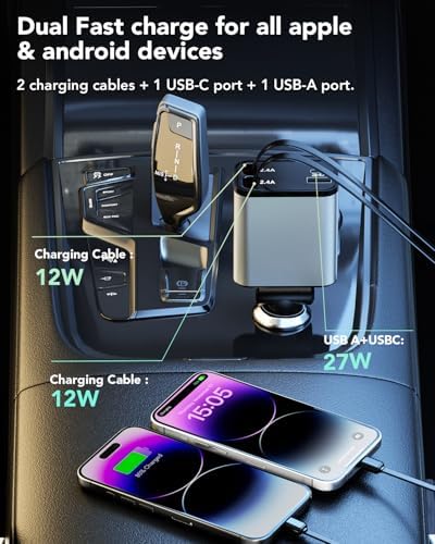 2025 Ultra-Compact 4-in-1 Retractable Car Charger – 69 W Fast Charging Adapter for i Phone 16, Galaxy and More – Innovative Space-Saving Design with Multiple Ports for Simultaneous Device Powering – Essential Car Accessory for Daily Commutes and Road Trips