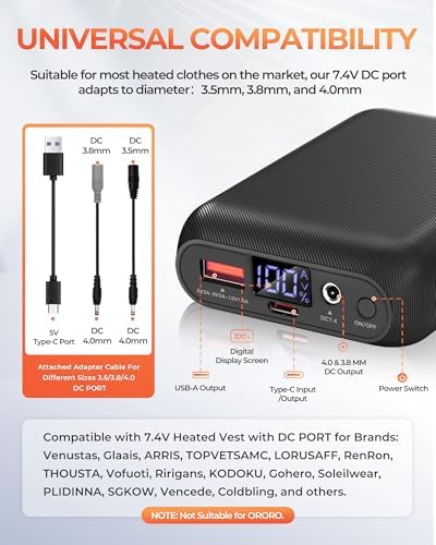 Ultimate Heated Vest Battery Pack with Fast Charging – Versatile Power Bank Featuring USB, Type-C & DC Outputs, LED Display for Seamless Connectivity, Up to 12 Hours of Reliable Warmth for Jackets, Hoodies, and Outdoor Adventures