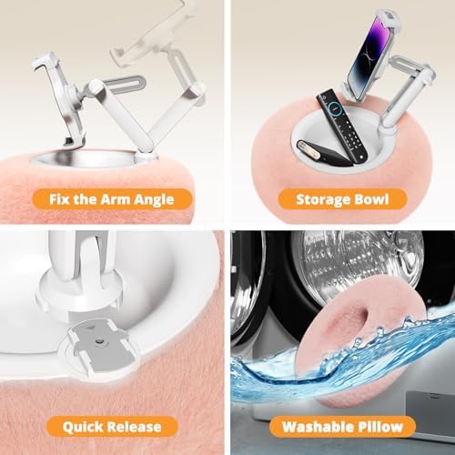 Adjustable Tablet Pillow Stand with Detachable Snack Bowl – Perfect for Kindle, i Pad, and Phones (4.7″-13″) – Hands-Free Streaming and Reading Comfort in Stylish Pink – Ultimate Convenience for Home and On-the-Go