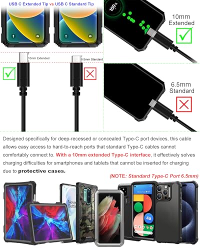 10 mm Extended Tip USB-C to USB 3.0 Cable – High-Speed Data Transfer for i Phone 16 Pro Max, Galaxy S25/S24/S23, and Pixel 9/8 – Perfect for Rugged Cases – Durable 1 M Charging Cables for Seamless Connectivity (Pack of 2) – Enhanced Compatibility for Fast Charging and Data Syncing