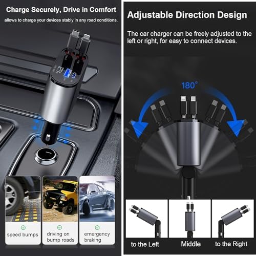 Ultimate 4-in-1 Retractable Car Charger – Fast 66 W USB C & Lightning Adapter for i Phone 15/14/13/12 Pro Max, Galaxy S24/S23, Pixel & Tablets – Compact, Durable Multi-Device Charging Solution for Road Trips and Daily Commutes