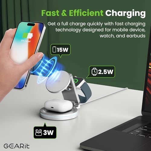 Revolutionary 3-in-1 Wireless Charging Station for i Phone, Apple Watch & Air Pods – Magsafe-Compatible Fast Charger with Enhanced Safety Features and Sleek Rotatable Design for All Devices, Including Samsung Galaxy – Elevate Your Tech Setup with Style and Efficiency
