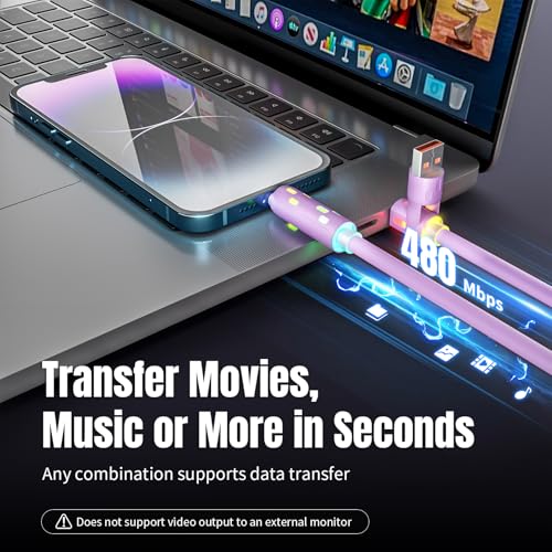 Ultra-Fast 240 W 4-in-1 USB C Charging Cable with Breathing Light Indicator – Multi-Device Compatibility for i Phone, i Pad, Samsung Galaxy, and Mac Book – 5 Ft Durable Cord in Stylish Purple for Efficient Data Sync and Enhanced Charging Performance