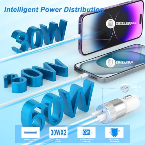 High-Speed Dual USB-C i Phone Car Charger | Apple MFi Certified 60 W Cigarette Lighter Adapter with Type-C & Lightning Cables | Perfect for i Phone 16, 15, 14, 13, 12 Pro Plus, XS, XR, i Pad & Samsung Devices | Compact & Efficient Travel Charging Solution