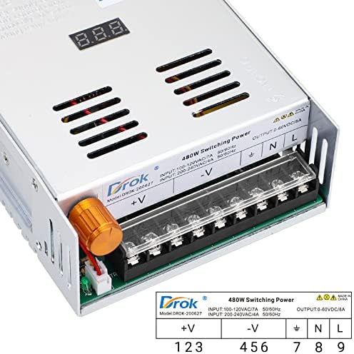 DROK 24 V Adjustable Power Supply – High-Efficiency AC to DC Converter for Reliable Power Delivery, 20 A 480 W Regulated Adapter Perfect for Computer Labs and Versatile Electronic Applications, Adjustable 5 V to 24 V Voltage Transformer for Enhanced Performance and Compatibility