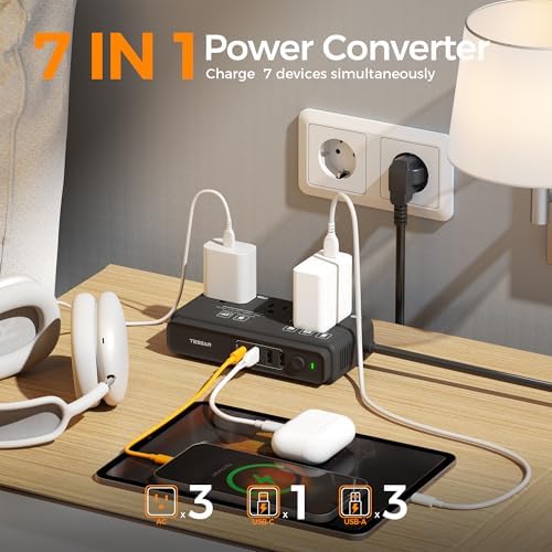 TESSAN 220 V to 110 V Universal Voltage Converter – All-in-One Global Travel Adapter with 4 USB Ports Including Rapid USB-C and 3 AC Outputs for Worldwide Device Compatibility – Compact and Durable Power Transformer for Effortless International Charging