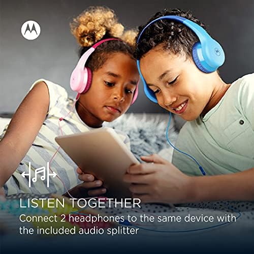 Motorola JR300 Bluetooth Toddler Headphones – Safe 85 d B Volume-Limited Over-Ear Headset with Built-in Microphone and Audio Splitter – Comfortable, Stylish Blue Headphones for Learning and Play at Home or School