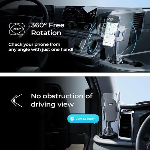 LISEN Enhanced Stability Cup Phone Holder for Car – 360° Rotatable Mount for Safe Hands-Free Navigation in Trucks, Jeeps & More – Compatible with i Phone 16/15/14/13 Pro Max & Samsung S25 – No Shake Design for 4-7” Devices – Ideal Automobile Accessory for Every Driver