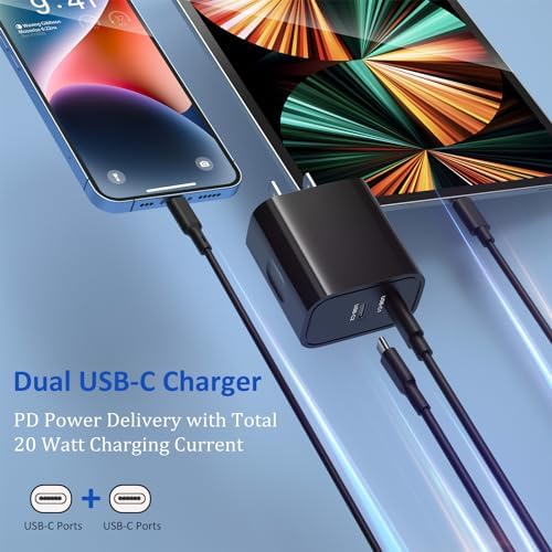 Costyle i Phone 15 & 16 Dual USB-C Charger Block – 20 W Fast Charging Wall Plug with 2 x 6 FT Type-C Cables for Maximum Compatibility – Efficient Power Adapter for i Phone 15 Pro Max & i Pad Pro – Compact Design for On-the-Go Charging Solutions