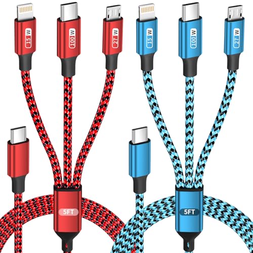 High-Speed 100 W USB C Multi Charging Cable – 3-in-1 Universal Charger Cord with E-Mark Chip for Fast Charging Devices – Compatible with USB C, Lightning & Micro USB – 5 FT Length, 2-Pack for Enhanced Portability and Performance – Ideal for i Phone 16, Tablets & Laptops