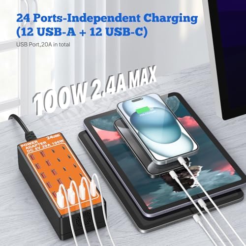 24-Port USB Charging Hub with 100 W Fast Charge Capability – Multi-Device Desktop Station with 12 USB-A & 12 USB-C Ports for Rapid Power Delivery to i Phone, i Pad, Samsung Galaxy, Laptops, and More – Space-Saving Design Ideal for Home or Office Use