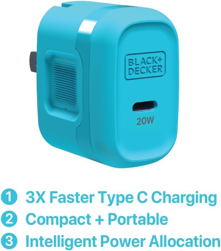 BLACK+DECKER Ga N PD 20 W USB-C Wall Charger – High-Efficiency Fast Charging Block for i Phone 16/15 & Universal USB-C Devices – Perfect for Home, Office, and On-the-Go with Advanced Safety Mechanisms