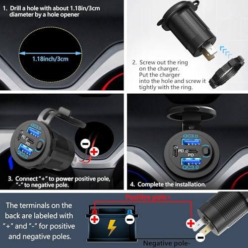 12 V Waterproof USB Charger with 4 Quick Charge 3.0 Ports – Essential Multi-Port Outlet for Marine, RV, Motorcycle & Golf Cart – Reliable Power Solution with Integrated Switch for Enhanced Device Compatibility