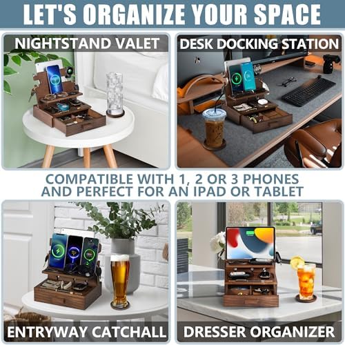 Premium Black Wood Multi-Device Docking Station – Sleek Nightstand Organizer with Hidden Drawer for Valuables, Ideal for Phones, Tablets, Apple Watch, Keys, and EDC Essentials – Streamlined Charging and Elegant Design for Home or Office