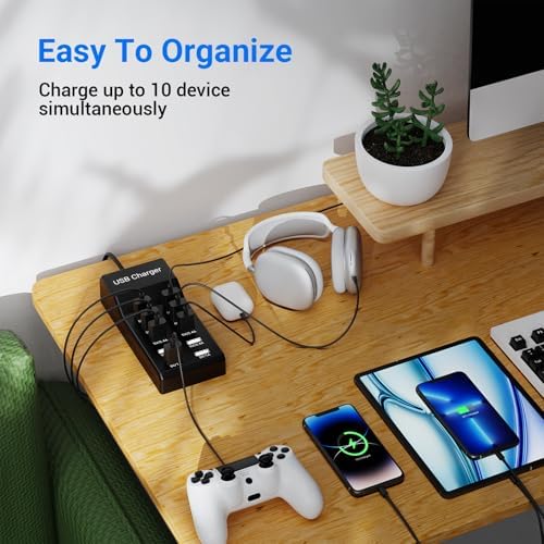 Ultimate 10-Port USB Charging Hub – 50 W Fast Multi-Device Charger Station Compatible with i Phone, Galaxy, i Pad, and More – Smart Power Distribution for Home & Office Use – Sleek, Compact Design for Travel Convenience