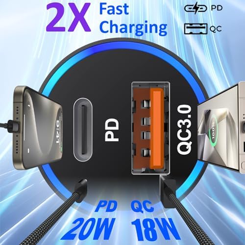 38 W Dual Port Fast Car Charger for i Phone 16 & 15 – Includes 2 Braided 6 ft USB-C Cables & 40 W Wall Adapter – Quick Charge 3.0 Cigarette Lighter Adapter for i Pad, Samsung & Tablets – Ultimate On-the-Go Charging Solution