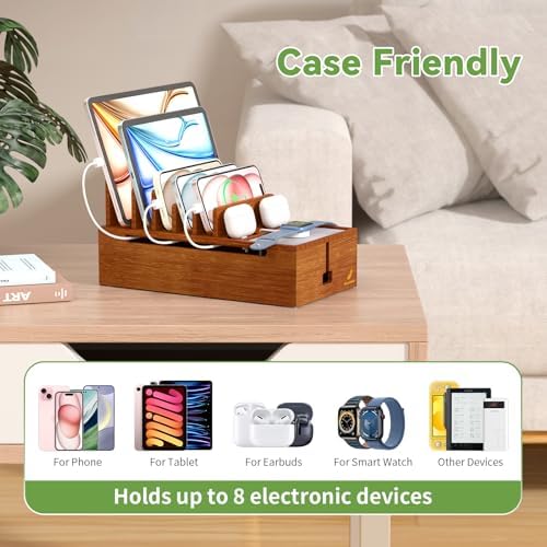 Pezin & Hulin Eco-Friendly Bamboo Cable Management Box – Sleek Desktop Organizer with 6 Cables for Tidy Charging Station, Stylish Wire Organizer for Electronic Devices, Enhances Workspace Efficiency and Aesthetics