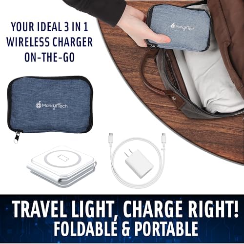 Ultimate Foldable 3-in-1 Wireless Charger Kit for Apple Devices – Fast Charging with 20 W PD Adapter & Portable Carrying Case – Magnetic Alignment for i Phone 15/14/13/12 Pro/Max, Apple Watch & Air Pods – Enhance Travel Convenience and Power Management