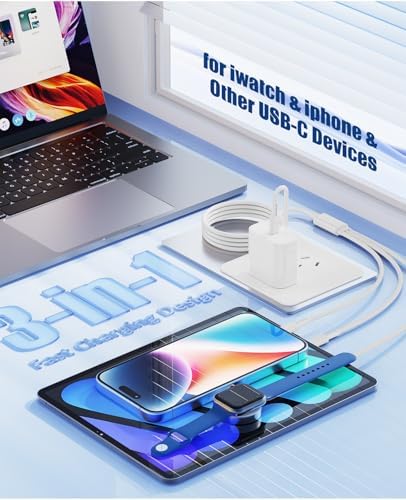 Ultimate 3-in-1 Fast Charging Cable for Apple Devices – 20 W USB-C Charger with 6 FT Length for Seamless Compatibility with Apple Watch Ultra2/SE/10/9/8/7/6/5/4/3 & i Phone 15/16 Pro Max/14/13/12/11 – Elegant White Design for Effortless Organization and Rapid Charging Efficiency
