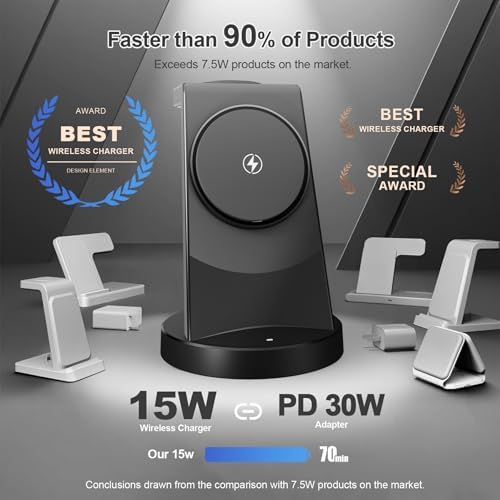 3-in-1 Magnetic Wireless Charging Station for Apple Devices – 15 W Qi Charger Stand for i Phone 16/15/14/13/12 Pro Max, Apple Watch Series 10-2 & Air Pods Pro 4/3/2 – Sleek Desk & Nightstand Organizer with Fast Charging, Sleep-Friendly LED Indicator, and Case Compatibility – Perfect for Home, Office, and Student Use