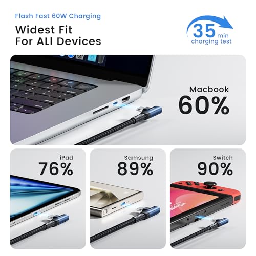 60 W USB-C to USB-C Cable Bundle (2-Pack, 6.6 FT) – Superior Fast Charging & Data Sync with Ergonomic Right Angle Design – Ideal for i Phone 15 Pro Max, Mac Book Air, Samsung S23 Ultra & More – Built to Last with Premium Durability & Versatile Compatibility
