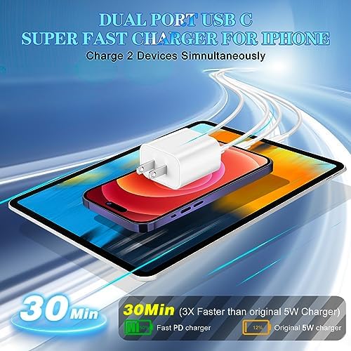 Ultra-Fast Dual Port USB-C i Phone Charger with 10 FT Quick Lightning Cables – High-Efficiency Charging Block for i Phone 14 Pro Max, 13 Pro, 12, 11, XS, XR, 8, SE – Ideal for Home and Travel, 2-Pack for Maximum Convenience and Speed