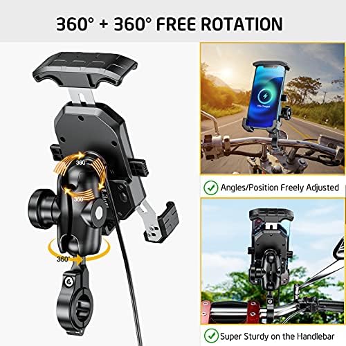 i MESTOU Wireless Phone Charger & Anti-Theft Motorcycle Mount – Fast 15 W Quick Charge with 720-Degree Rotation, USB-C 3 A Compatibility, Secure 1″ Ball Phone Holder for 4.0-7.0″ Smartphones – Innovative Handlebar Accessory for 12 V/24 V Vehicles