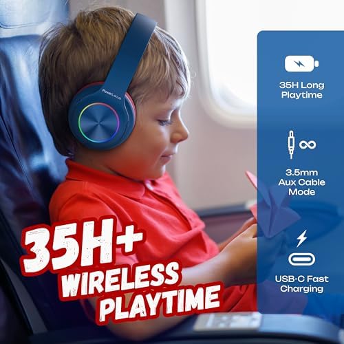 Vibrant Power Locus PLED Kids Bluetooth Headphones – Safe Volume Control (74/85/94 d B), Fun LED Lights, Hi-Fi Sound, Built-in Microphone & Multi-Connectivity for Travel, Learning & Play – Perfect Over-Ear Design for Children