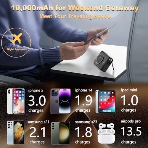 10000 m Ah Mag Safe-Compatible Portable Charger Power Bank – 22.5 W Fast Charging Travel Essential with Built-in USB-C & Lightning Cables – 5-in-1 Wireless Charging Solution for i Phone, Android, and Samsung Devices