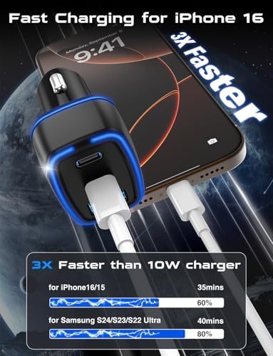 Compact 3-Port USB C Car Charger Adapter – Fast PD Charging for i Phone 16/15 Pro Max, Galaxy S25/S24, i Pad, and Android Devices – Travel Essential for Seamless Connectivity on the Go – Enhanced Performance and Universal Compatibility