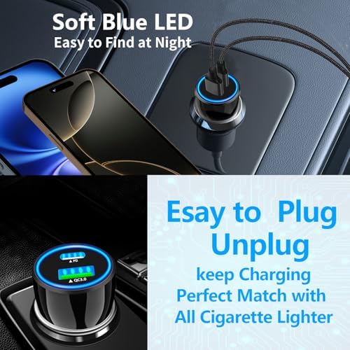 Rombica 105 W MFi Certified Dual USB-C & USB-A Fast Car Charger for i Phone 16 Pro Max – Ultimate Portable Power Solution with 6 FT Coiled Type-C Cable for Rapid Charging on the Go, Perfect for Road Trips and Daily Commuting