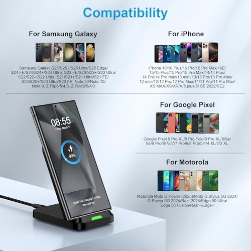 15 W Fast Wireless Charging Stand for Google Pixel 9 Pro & Samsung Galaxy Devices – Anti-Slip, Case-Friendly Dock with 18 W QC3.0 Adapter – Dual-Coil Design for Vertical & Horizontal Charging – Safe, Reliable Power Station with Multiple Protection Features – Ideal for Pixel 9 Pro XL, Fold, 8 Pro, 7 Series & More – Quick Charge for i Phone 16 & Moto G Stylus 5 G – Enhance Your Charging Experience with High-Speed Performance and Versatile Compatibility – Perfect for Home or Office Use