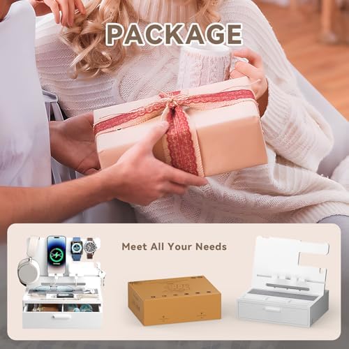 Pezin & Hulin Wooden Charging Station, Bedside Nightstand Tray, with Spacious Drawer, Felt Pads for Phones, Watch, Idea Gifts for Him Birthday, Son, Christmas for Papa Fathers Day – Enhanced Compatibility and Speed