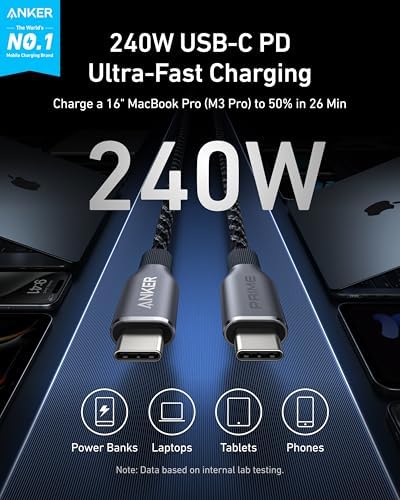 Anker Prime 240 W Eco-Friendly USB-C to USB-C Fast Charging Cable – Premium Upcycled-Braided Nylon, 100-Year Durability, 3 ft for Seamless Compatibility with i Phone 16, Mac Book, Galaxy S24 & More – Ultimate Power Solution for Modern Devices
