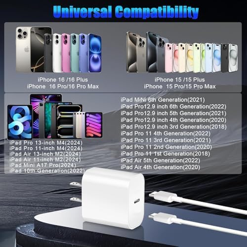 Rapid USB-C Fast Charger for i Pad Models – 20 W PD Wall Adapter with 6 FT Cable for Efficient Charging of i Pad Pro, Air, and Mini – MFi Certified, Compact Design for Travel, Enhanced Compatibility and Safety Features