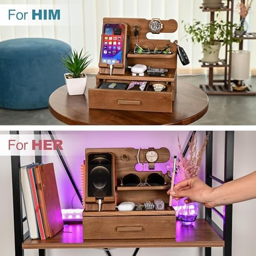 TESLYAR Wood Phone Docking Station with Drawer – Nightstand Organizer – Desk Organizer for Husband – Birthday Gifts for Men, Dad, Anniversary Idea, Key Holder Stand Watch & Accessories (Bourbon Brown) – Enhanced Compatibility and Speed