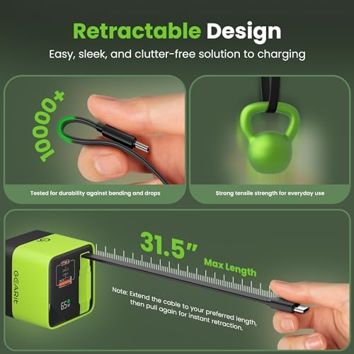 GEARit 65 W Ga N USB-C Charger with Retractable 31.5″ Cable – Dual USB-A & C Ports for Fast Charging of i Phone 15/16, Mac Book Pro/Air, i Pad Pro & Samsung S25 Ultra – Compact, Foldable Design with Power Display for Ultimate Portability and Compatibility