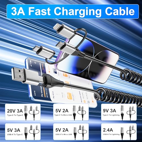 Universal 6-in-1 Coiled USB A/C to USB-C/Lightning/Micro Charging Cable – 3 A High-Speed Charging for i Phone, i Pad, and Android Devices – Seamless Compatibility with Apple Car Play & Android Auto – Tangle-Free Design for Ultimate Portability and Convenience