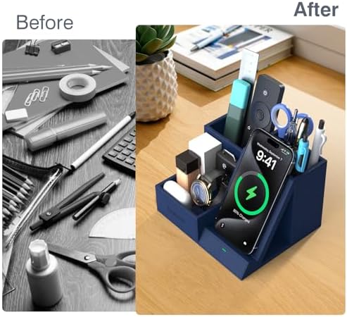 Premium PU Leather Wireless Charging Station & Desk Organizer for i Phones – Fast, Stylish Charging Dock with Integrated Pen Holder – Ideal Gift for Men and Essential Office Accessory in Elegant Black – Boost Productivity & Organize Your Workspace