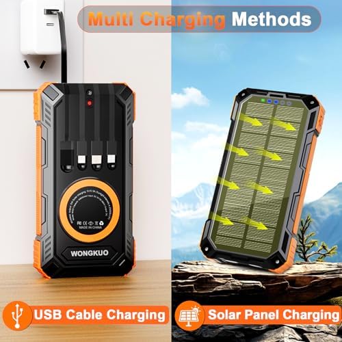 WONGKUO 49,800 m Ah Solar Power Bank – All-Weather Waterproof Charger with USB-C & QC 3.0 Fast Charging, Built-in 4 Cables & LED Flashlight for Outdoor Adventures, Ultimate Portable Battery Solution for Camping & Hiking