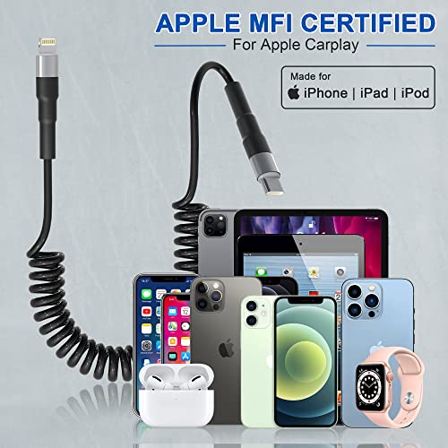 Revolutionary Coiled USB-C to Lightning Charging Cable – MFi Certified for Apple Carplay Compatibility, Fast Data Transfer, and Retractable Design for i Phone, i Pad, and i Pod – Optimal Flexibility and LED Charging Indicator for Ultimate Convenience