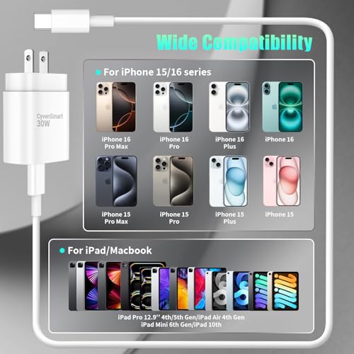 30 W USB-C Fast Charger for i Phone 16 & 15 Pro Max – Premium 6+10 ft Cable Included – High-Efficiency Power Adapter for i Pad Pro, Air & Mini – Compact, Portable Design for Maximum Convenience and Versatile Compatibility – Rapid Charging Solution for Mobile Productivity